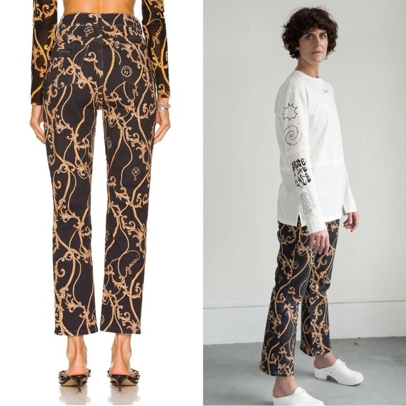 GANNI 90s Baroque Logo Print Denim High Rise Cropped Bootcut Flare Leg Jeans 26 - Picture 5 of 16